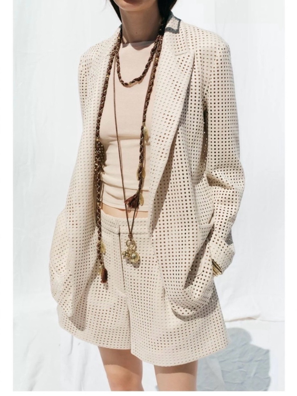 Zara Cream Perforated Open-Front Blazer Jacket